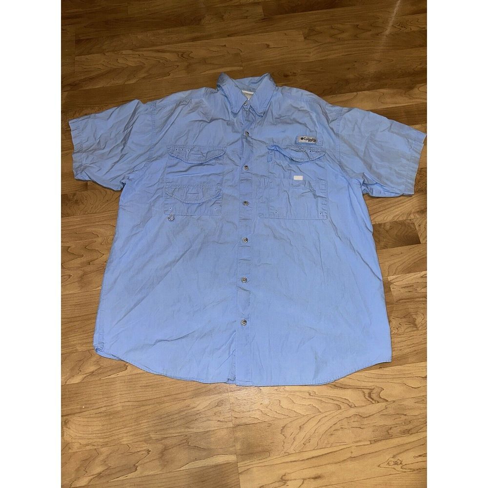 Columbia PFG Omni-Shade Short Sleeve Button Fishing‎ Shirt Men's XL - Light Blue